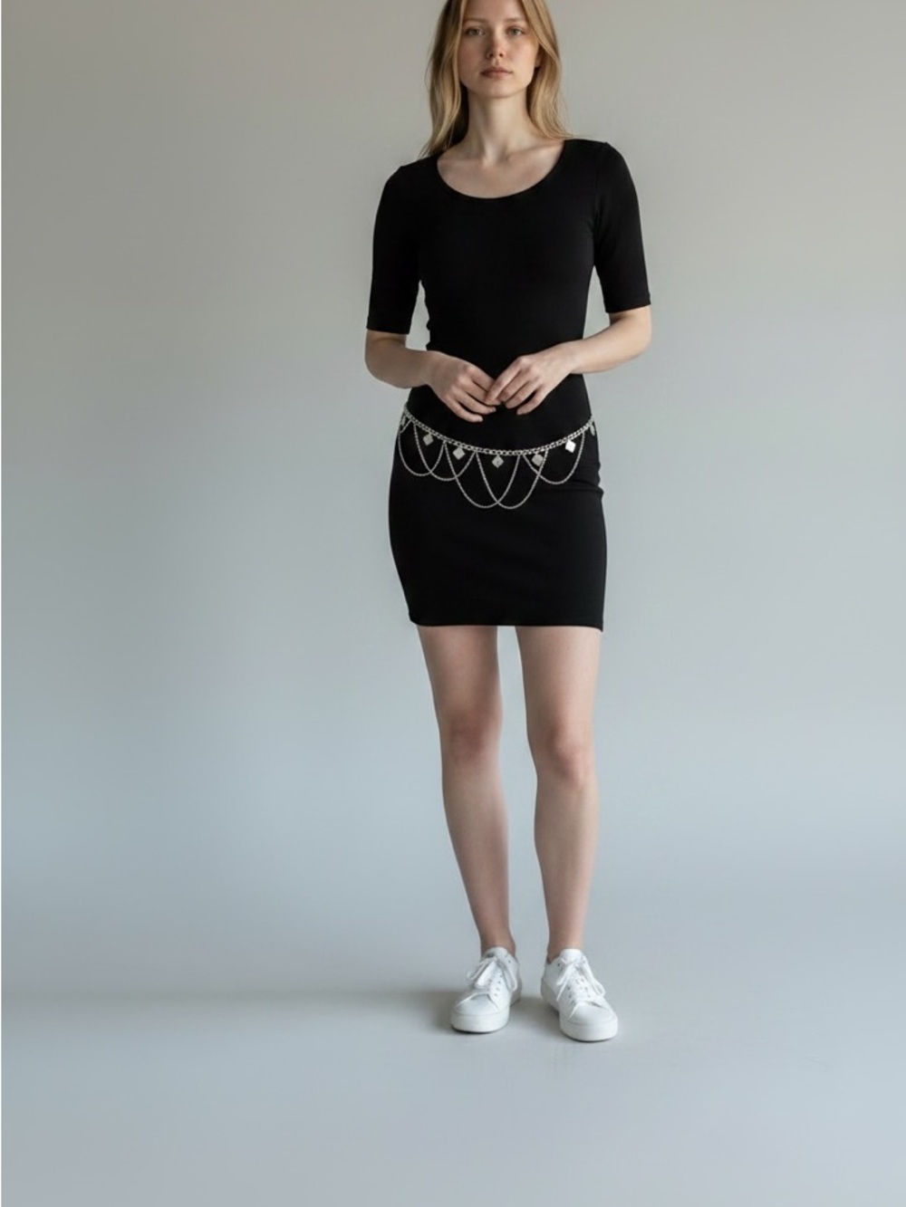 Silver Tone Chain Drape Belt With Layered Decorative Chains & Dangling Square Ch